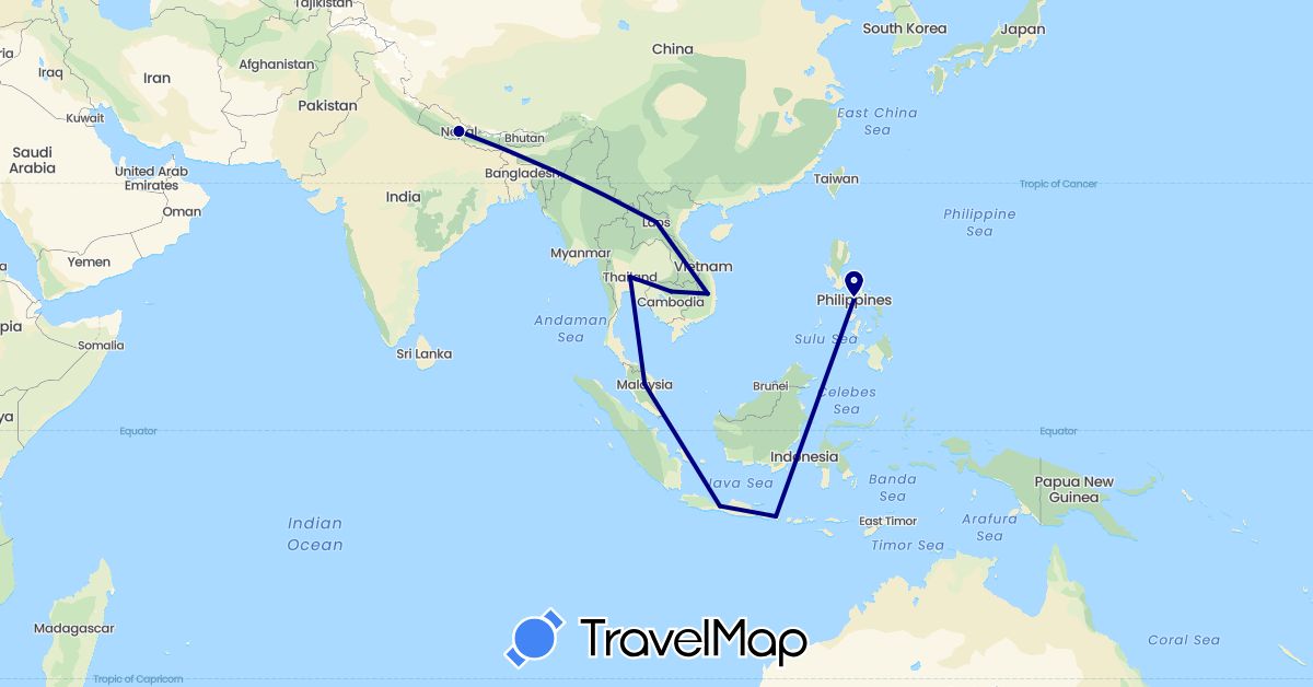 TravelMap itinerary: driving in Indonesia, Cambodia, Laos, Malaysia, Nepal, Philippines, Thailand, Vietnam (Asia)